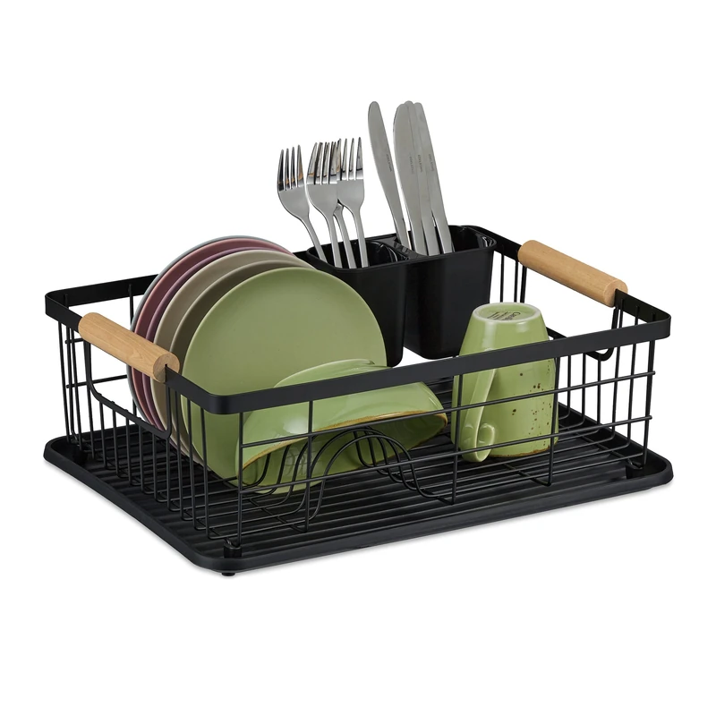 Relaxdays dish drainer with drip tray & cutlery basket, kitchen draining, plate, drying rack in black, Iron, 1 item