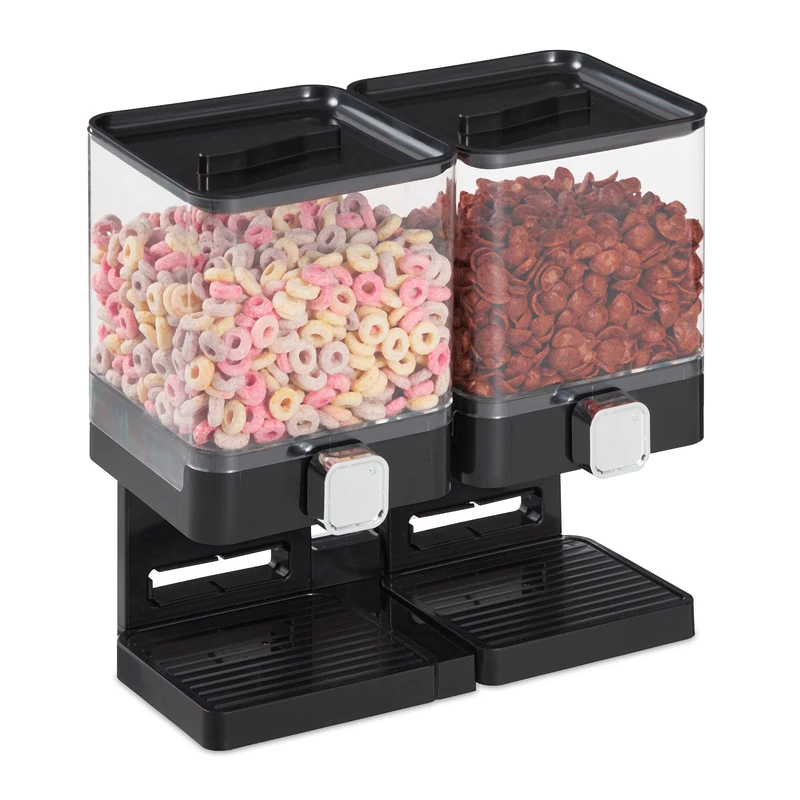 Relaxdays Double Cereal Dispenser, Cornflake Spender, nut Container, Breakfast bar Accessory, Plastic, in Black, 31 x 33 x 19 cm