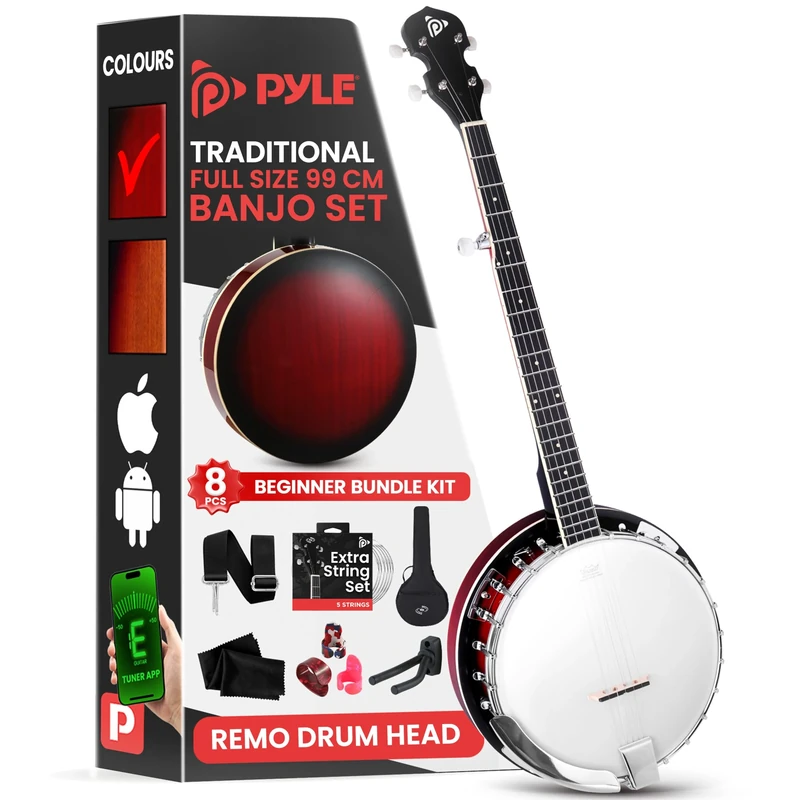 Pyle 5 String Banjo Remo Head, Banjos Beginner Kit, 39" Full Size, Open or Closed Back Instrument w/ 24 Brackets, Starter accessories, Geared 5th Tuner, Gig Bag, Extra Strings - Strap – Picks, Wrench