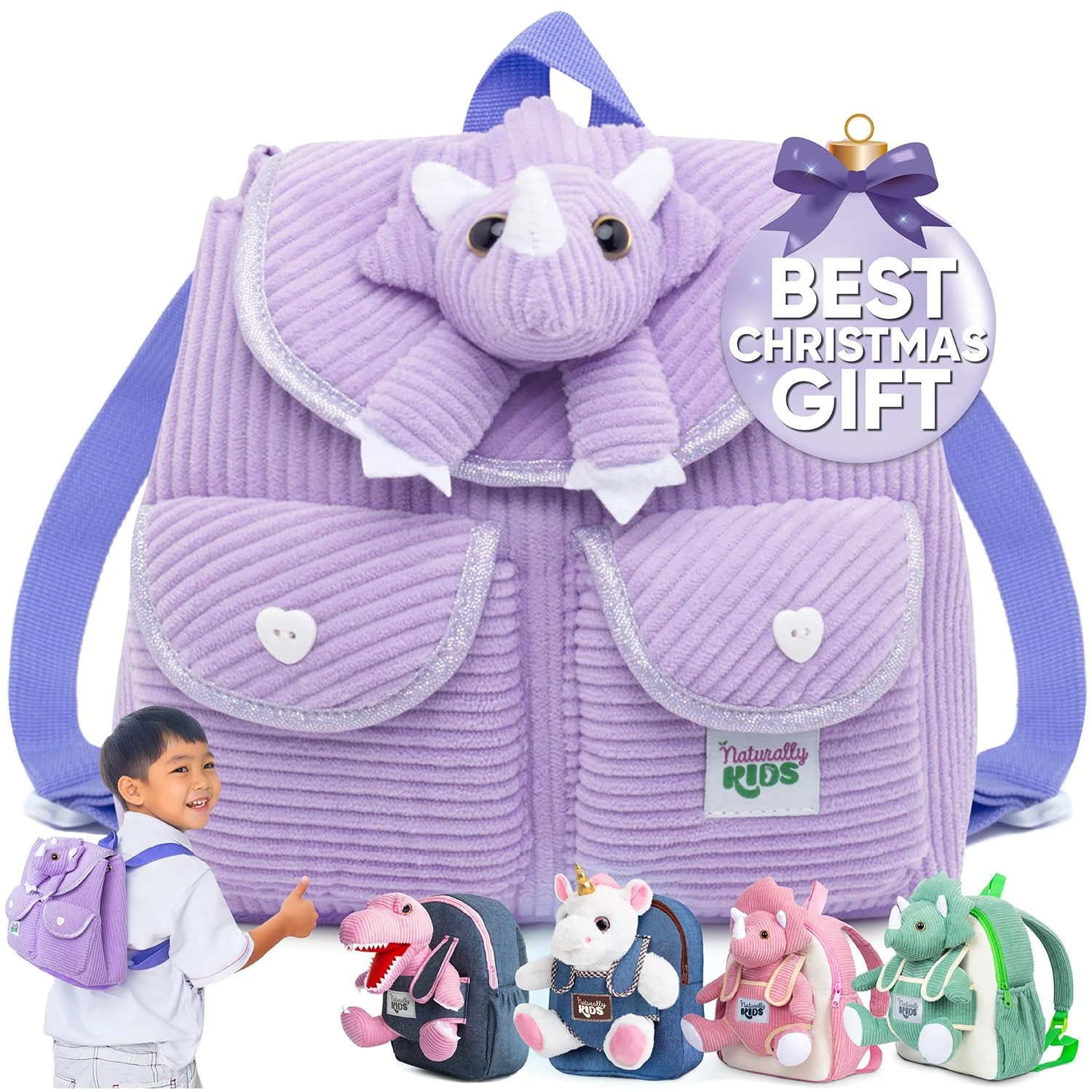 Naturally KIDS Mini Purple Dinosaur Backpack, Dinosaur Toys for Girls, Toddler Backpack for Girls w Stuffed Animal