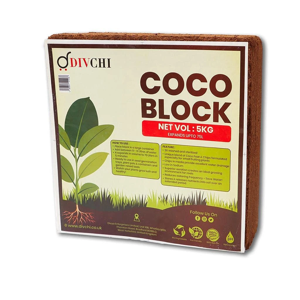 DIVCHI COCO BLOCK 5kg (70L) | ORGANIC | COCONUT FIBRE | 100% NATURAL | REPTILE FRIENDLY | PLANTING COCO SOIL | PH STABLE GROWING COMPOST I HIGH MOISTURE RETENTION I HEALTHY AERATION