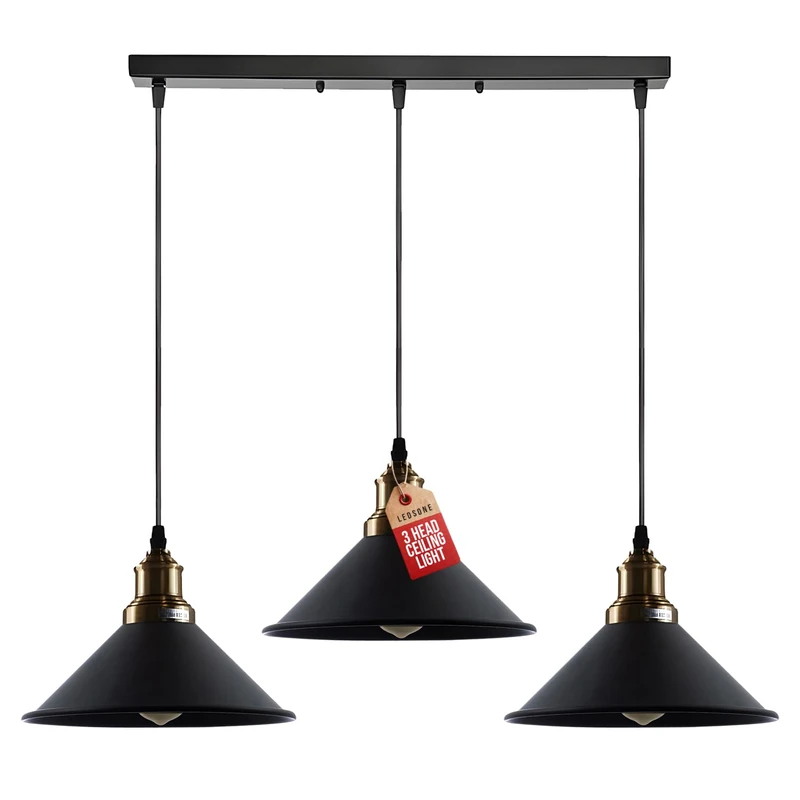 LEDSone 3 Head Black Vintage Industrial Ceiling Hanging Light Shade Loft Style Metal Ceiling Pendant Lamp for Kitchen Island, Living Room, Dining Room, Bar, Cafe, Hallway E27 UK Lighting
