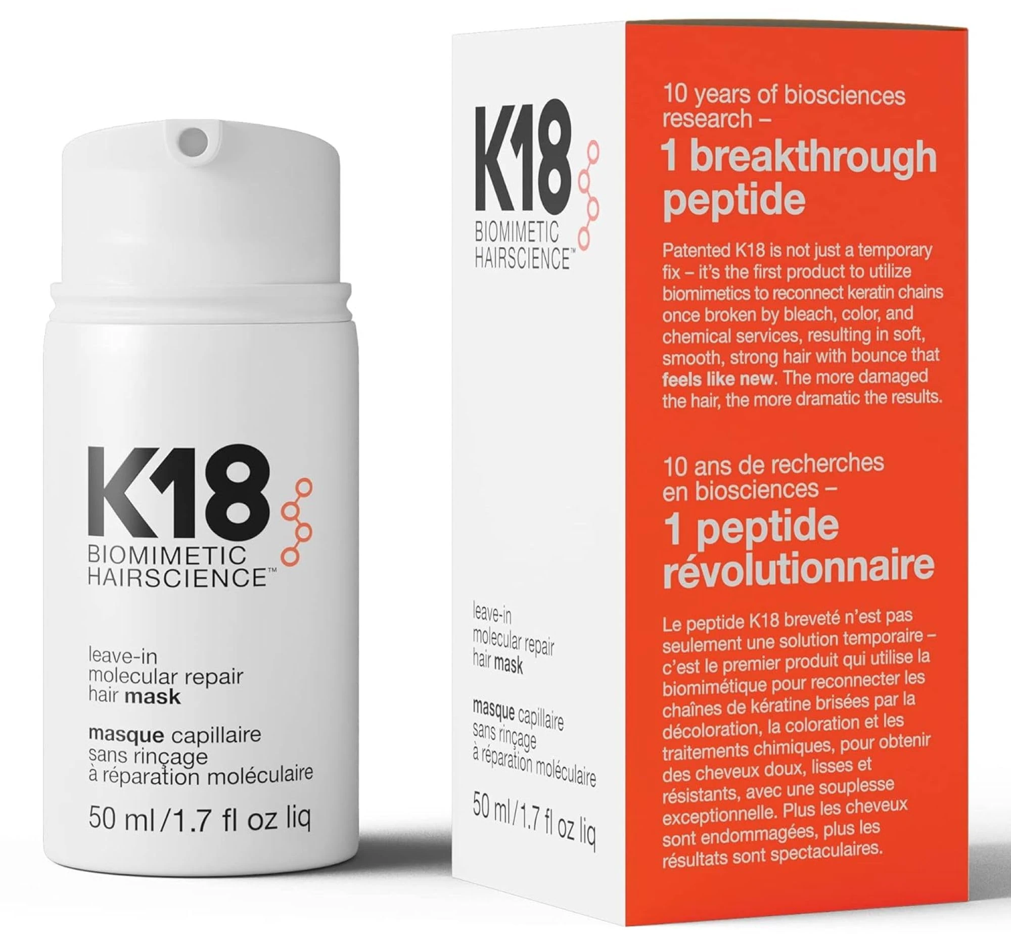 K18 Leave-In Molecular Hair Mask, Repairs Dry or Damaged Hair, Reverse Hair Damage from Bleach, Colour, Chemical Services & Heat, 50ml