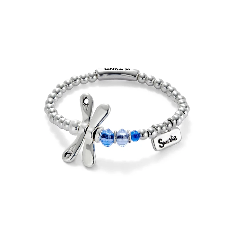 UNO DE 50 Bracelet Elastica with Libelula of Alloy of Metal Plated in Silver of Sterling with Lens Blue Min Perimeter 17,5