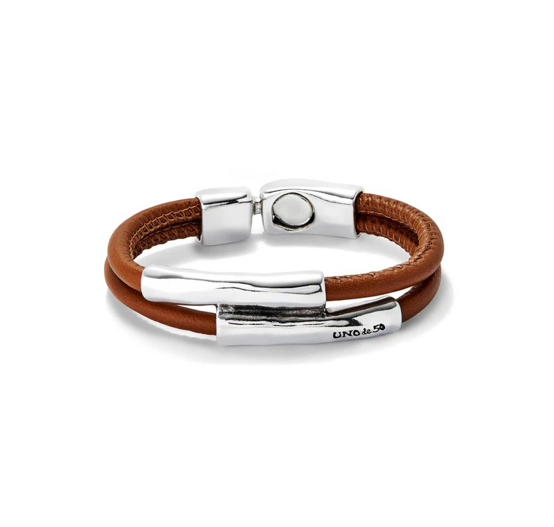 Bracelet of Leather Camel Doble with Dos Tubos of Alloy Metal Plated Silver of Sterling - Min Perimeter 18