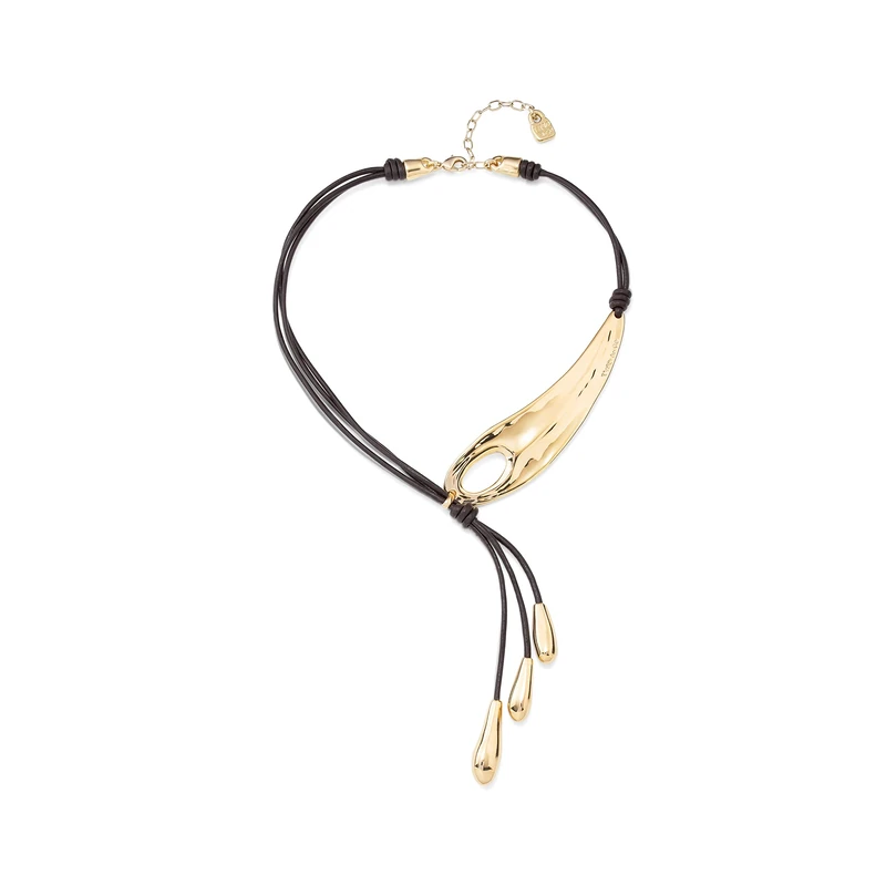 Necklace Corto of Latigo Adjustable with Ala of Libelula Plated in Gold 18k and 3 Flecos with Gotas- Mín Longitud: 55