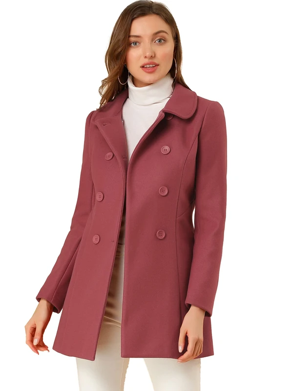 Allegra K Women's Peter Pan Collar Double Breasted Winter Long Trench Pea Coat, Dark Pink, M