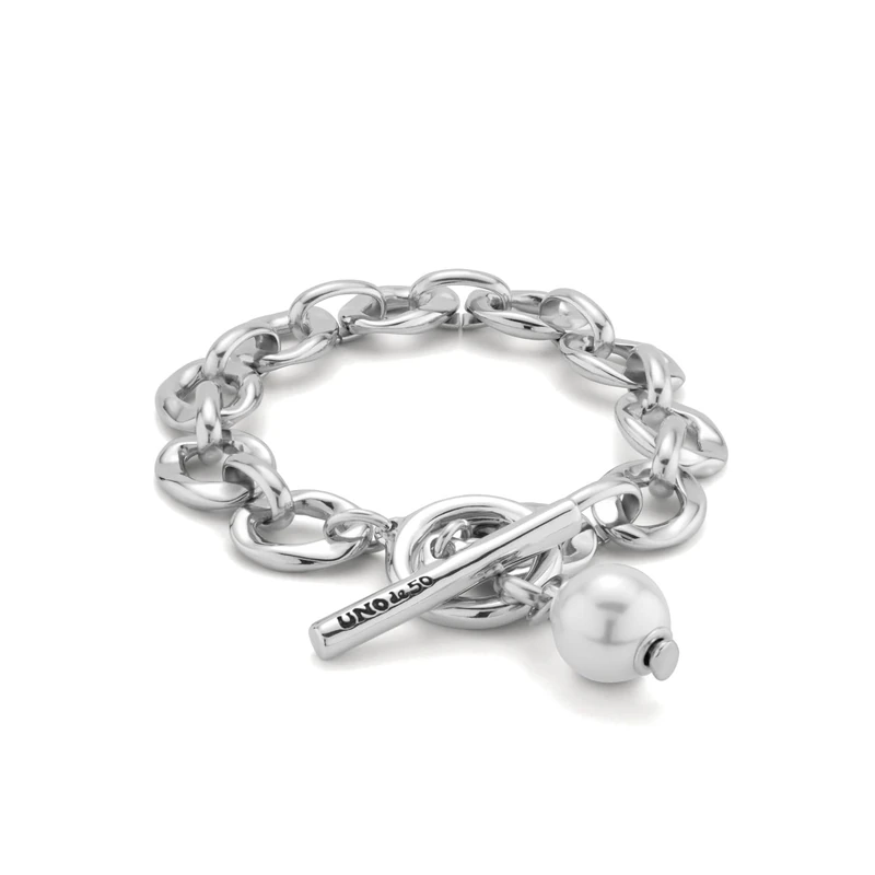 Bracelet Plated in Silver of Sterling with Eslabones Medium Charm of Perla and Cierre of Aro and Barrita- Min Perimeter 17,5
