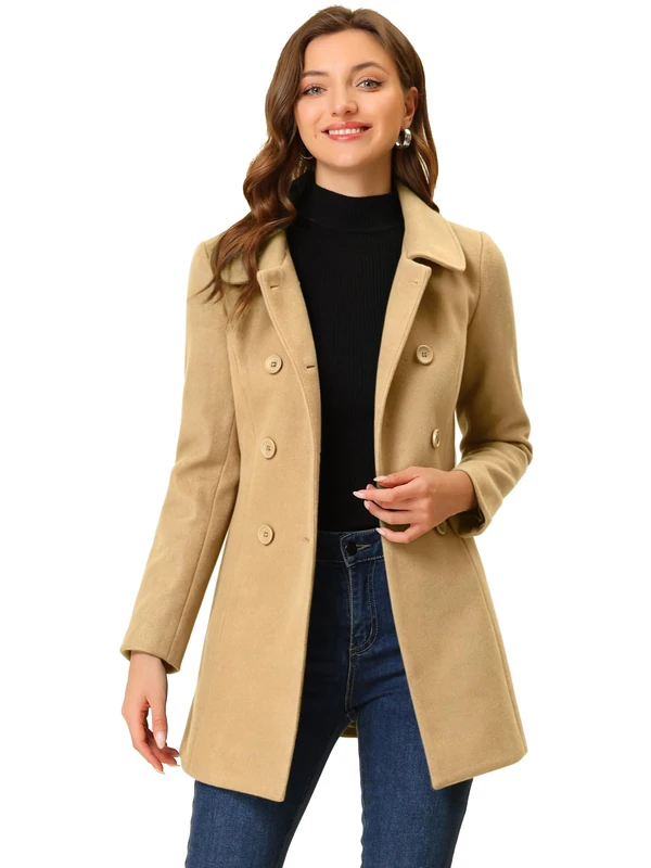 Allegra K Women's Peter Pan Collar Double Breasted Winter Long Trench Pea Coat, Khaki, S