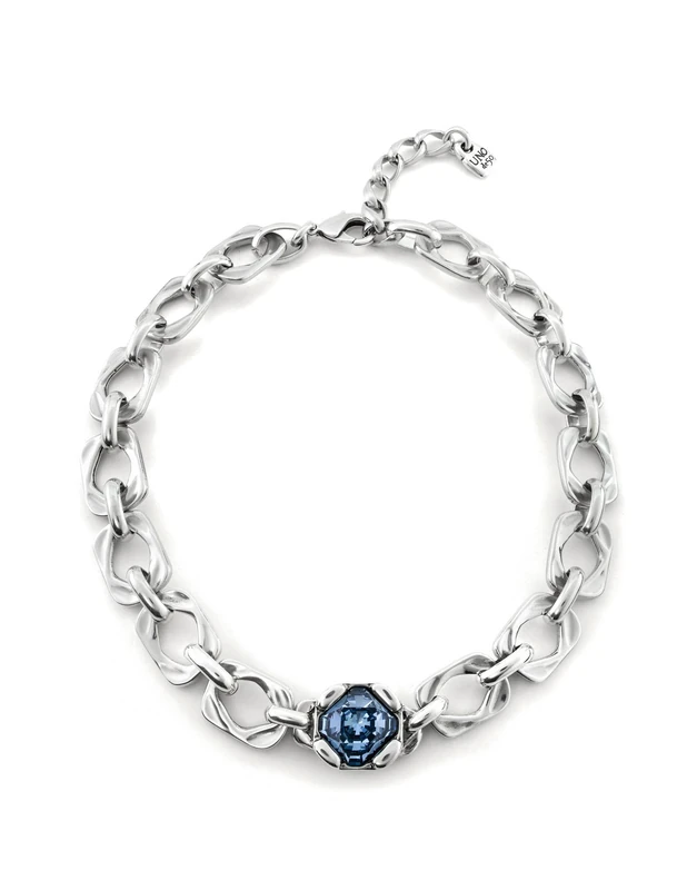 Necklace Plated in Silver of Sterling Eslabones Rectangulares and Lens Facetado Central Blue Extensión- Mín Longitud: 37
