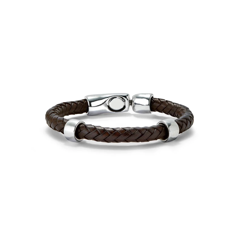 Bracelet Leather Trenzada. Cierre and 2 Circunferencias of Alloy Metal Plated Silver of Sterling - Min Perimeter 17,5