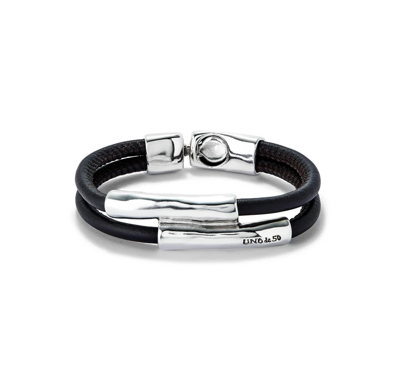Bracelet Doble Leather Marron with Dos Tubos of Alloy Metal Plated Silver of Sterling - Min Perimeter 17 - Image 1