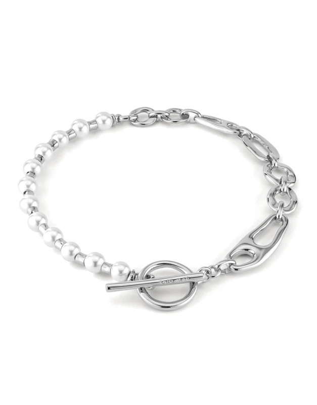 Necklace Plated in Silver of Sterling with Combinación of Eslabones and Perlas. Cierre of Aro and Barra- Mín Longitud: 40