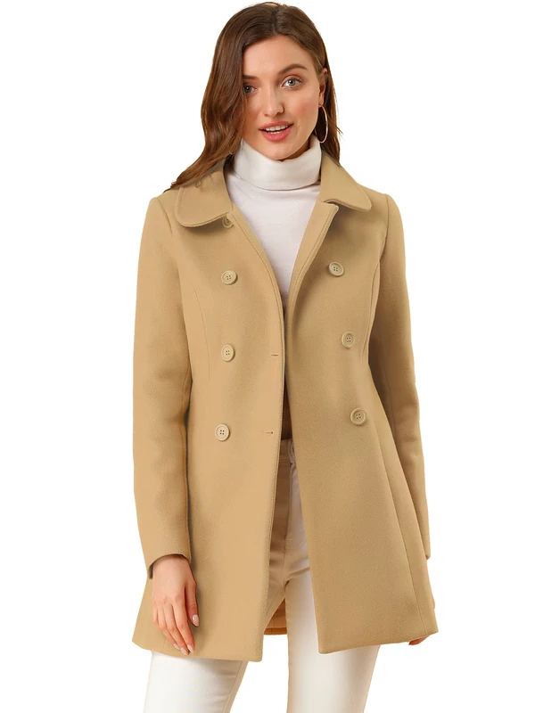 Allegra K Women's Peter Pan Collar Double Breasted Winter Long Trench Pea Coat, Khaki, M