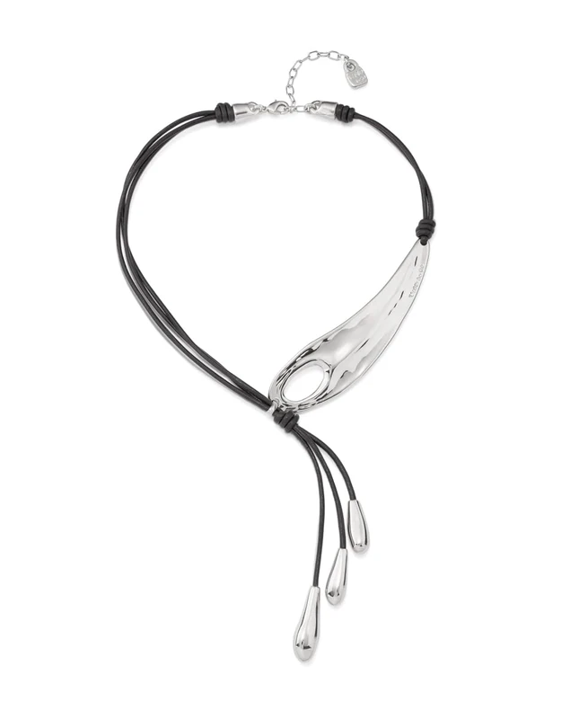 Necklace Corto of Latigo Adjustable with Ala of Libelula Plated in Silver and 3 Flecos with Gotas- Mín Longitud: 55
