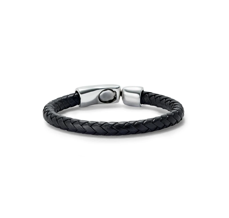 Bracelet of Leather Circular and Trenzada with Cierre of Alloy of Metal Plated Silver of Sterling - Min Perimeter 18,7