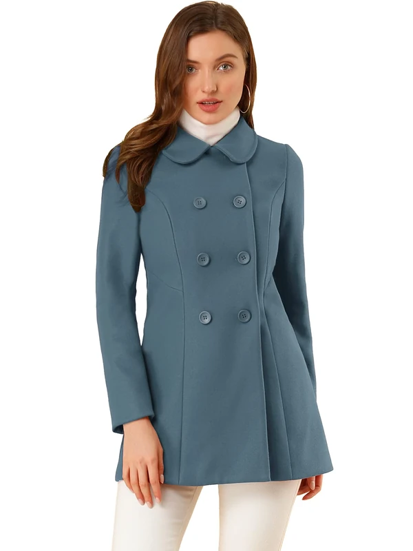 Allegra K Women's Peter Pan Collar Double Breasted Winter Long Trench Pea Coat, Grey Blue, L
