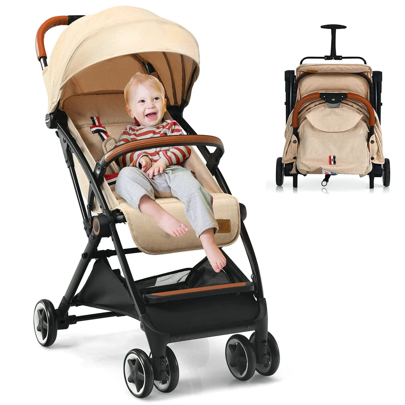 GYMAX Baby Foldable Stroller, Adjustable Backrest Pushchair with Safety Belt, Storage Basket, Leather Handle and Lockable Wheels, Toddler Pram Carriage for 0-3 Years Olds Infant Kids (Beige)