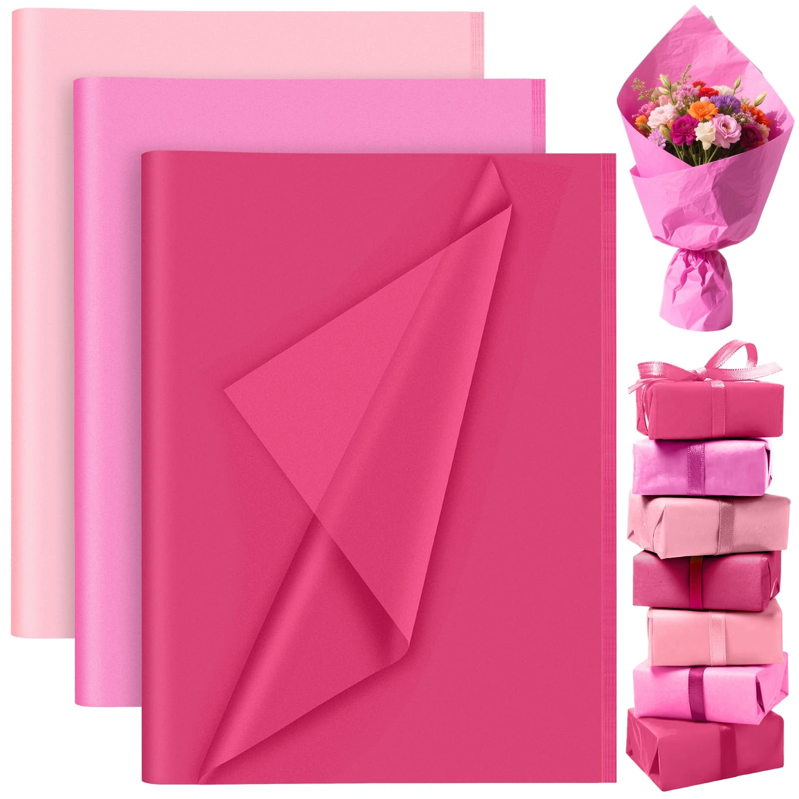 PLULON 60 Sheets Valentine Day Decorations Pink Tissue Paper Bulk, Coloured Gift Wrap Tissue Paper Sheets for Packaging Birthday Gift Wrapping Wedding Baby Shower Easter Decorations Mothers Day Gifts