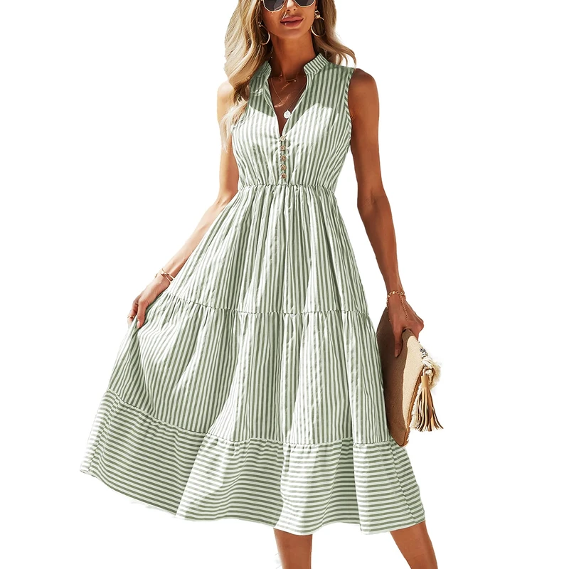 BROVAVE Womens 2023 Summer Sleeveless Shirt Dress Collar Striped V Neck Casual Midi Dresses, Green, M - Image 1