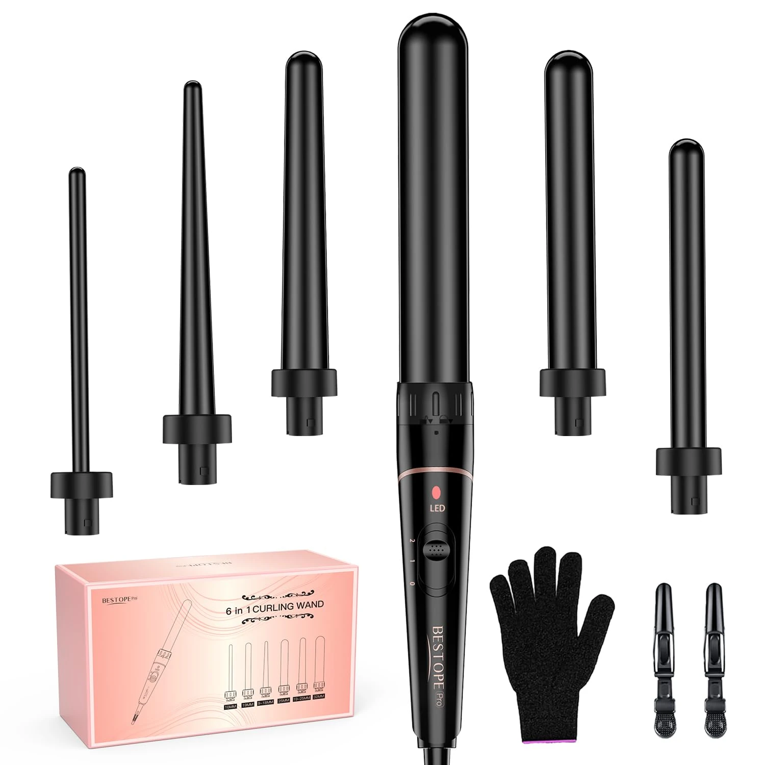 BESTOPE PRO Hair Curler 6-in-1 Curling Wand Set, Curling Iron with 2 Temperature Control, Curling Tongs with Heat-Resistant Glove and 2 Hair Clips, Dark