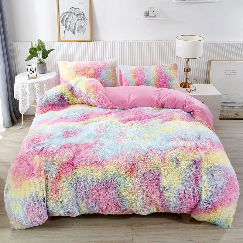 RYNGHIPY 3Pcs Ultra Soft Long Hair Plush Shaggy Duvet Cover with Pillowcases, Colorful Tie Dye Fluffy Velvet Bedding Set with Hidden Zipper Closure (Colorful Pink,Twin)