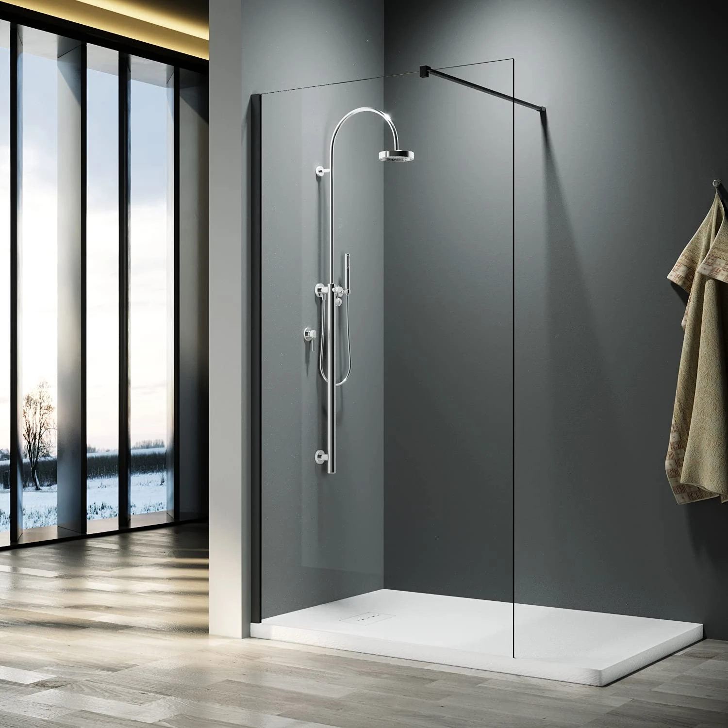 ELEGANT 700x1900mm Shower Enclosure with 8mm Clear Easy Clean Safety Glass Walkin Shower Screens Panel+ Black Stainless Steel Support Bars
