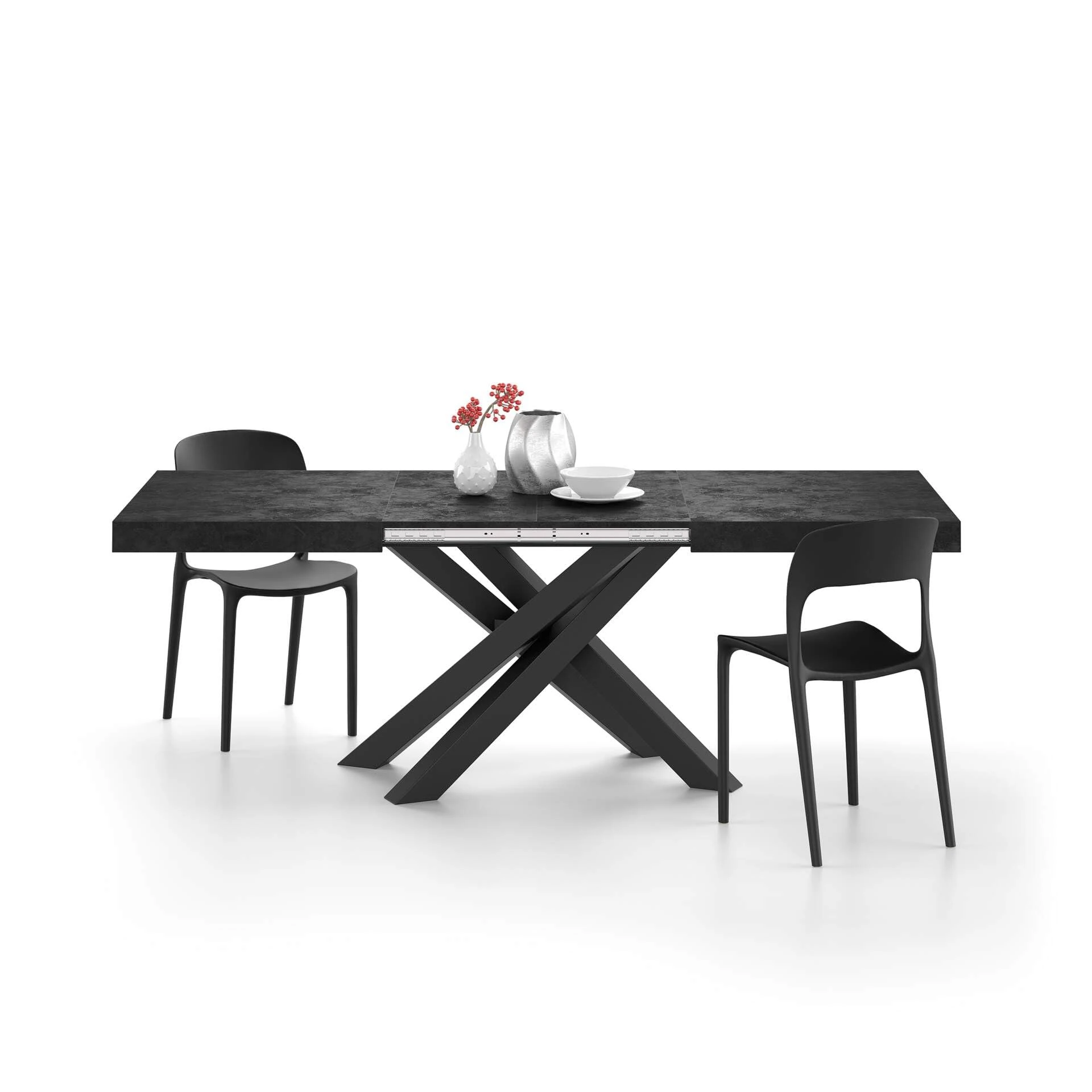 Mobili Fiver, Emma 140(220) x90 cm Extendable Dining Table, Concrete Effect, Black with Black Crossed Legs, Made In Italy