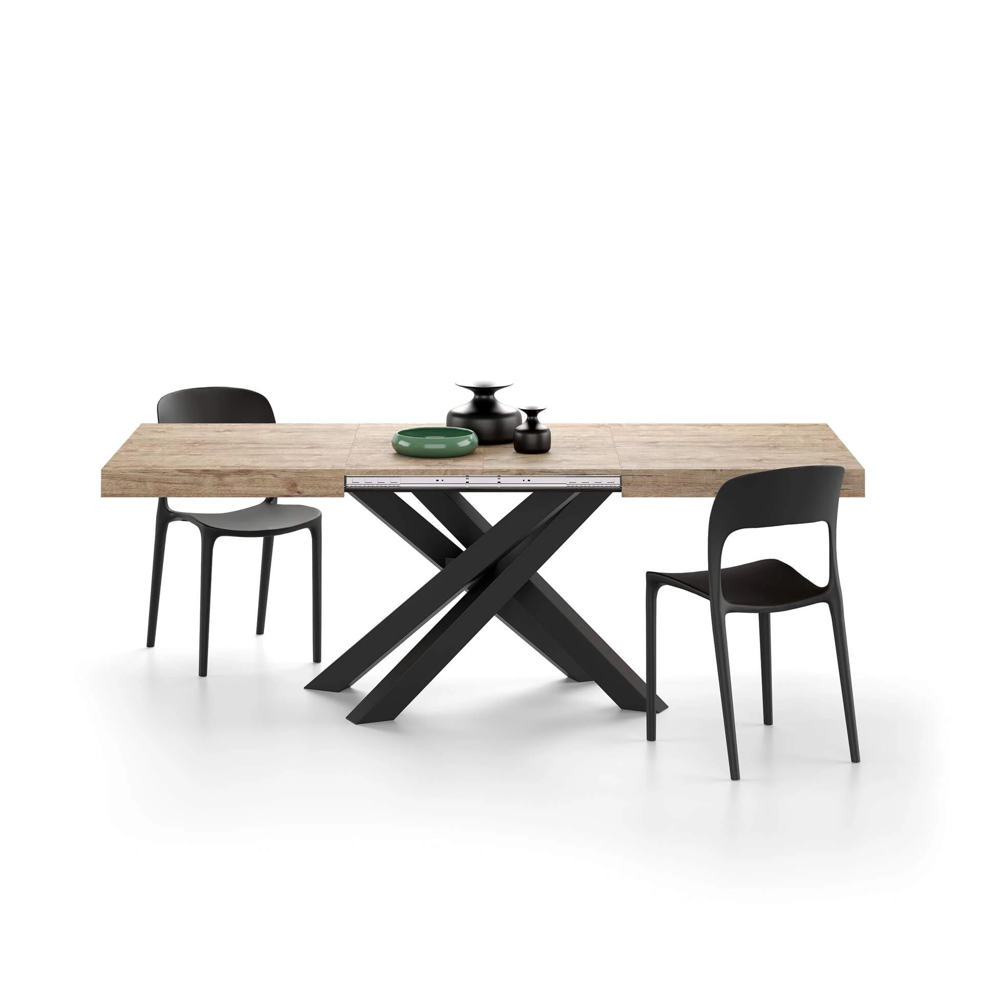 Mobili Fiver, Emma 140(220) x90 cm Extendable Table, Oak with Black Crossed Legs, Made In Italy