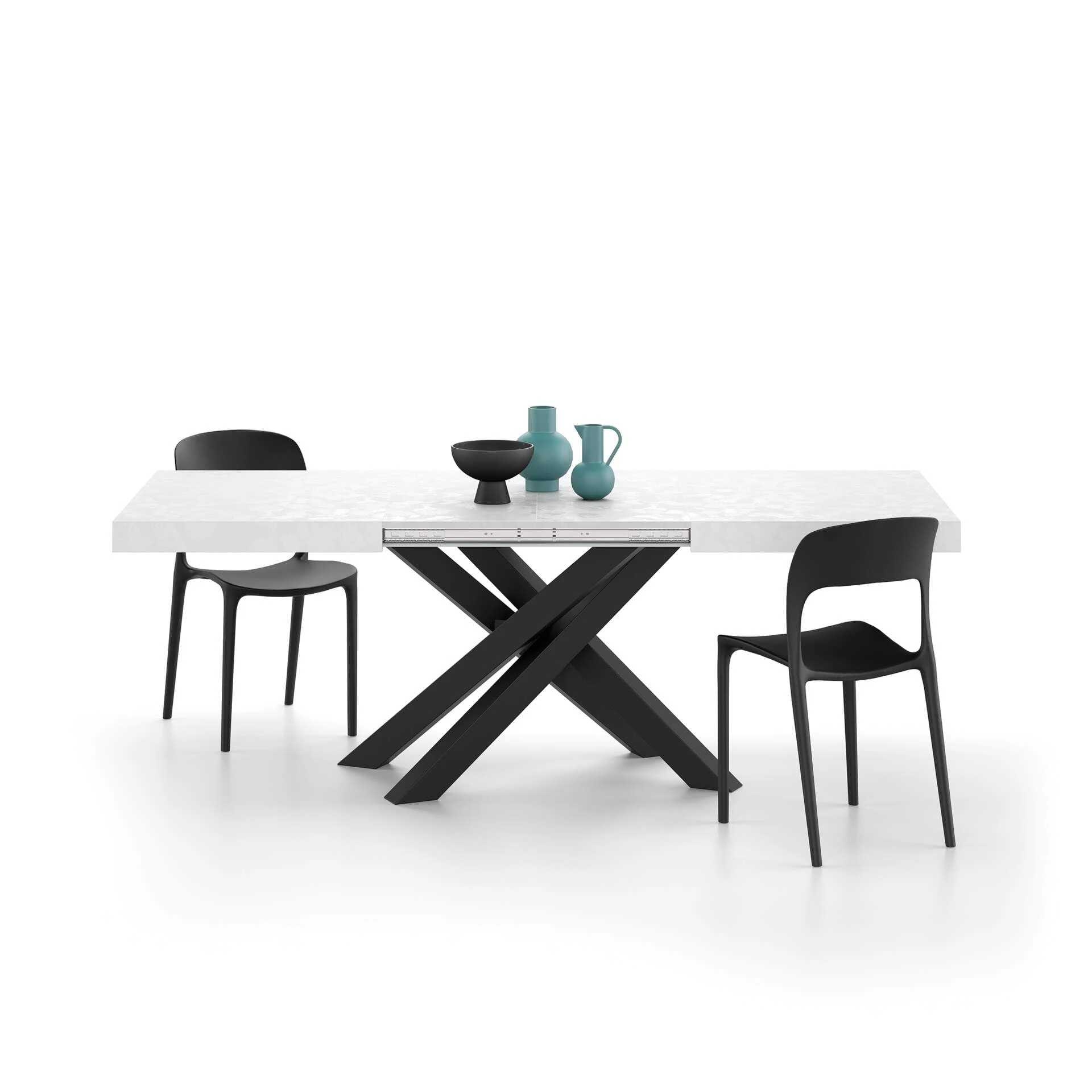 Mobili Fiver, Emma 140(220) x90 cm Extendable Table, Concrete Effect, White with Black Crossed Legs, Made In Italy