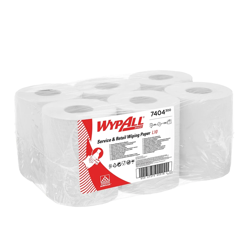 WypAll L10 Service & Retail Wiping Paper 7404 - 1 Ply Centrefeed Roll - 6 Centrefeed Rolls x 390 White Paper Wipes (2,340 total)
