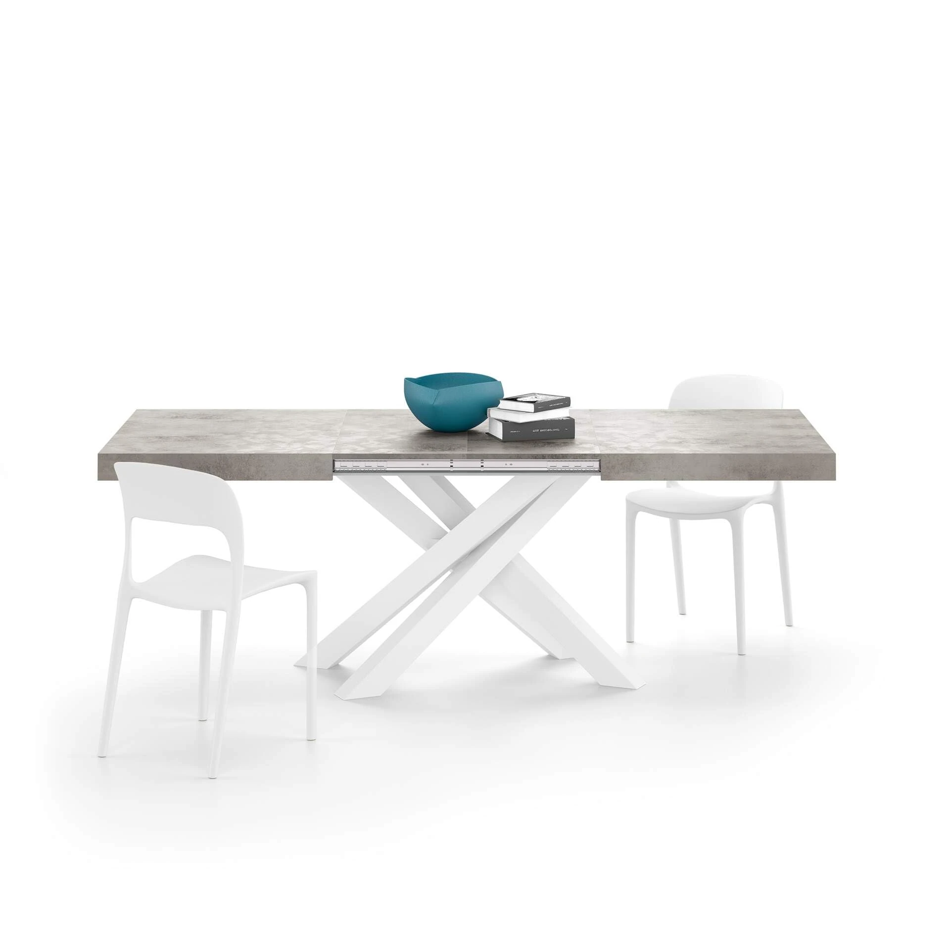 Mobili Fiver, Emma 140(220) x90 cm Extendable Table, Concrete Effect, Grey with White Crossed Legs, Made In Italy
