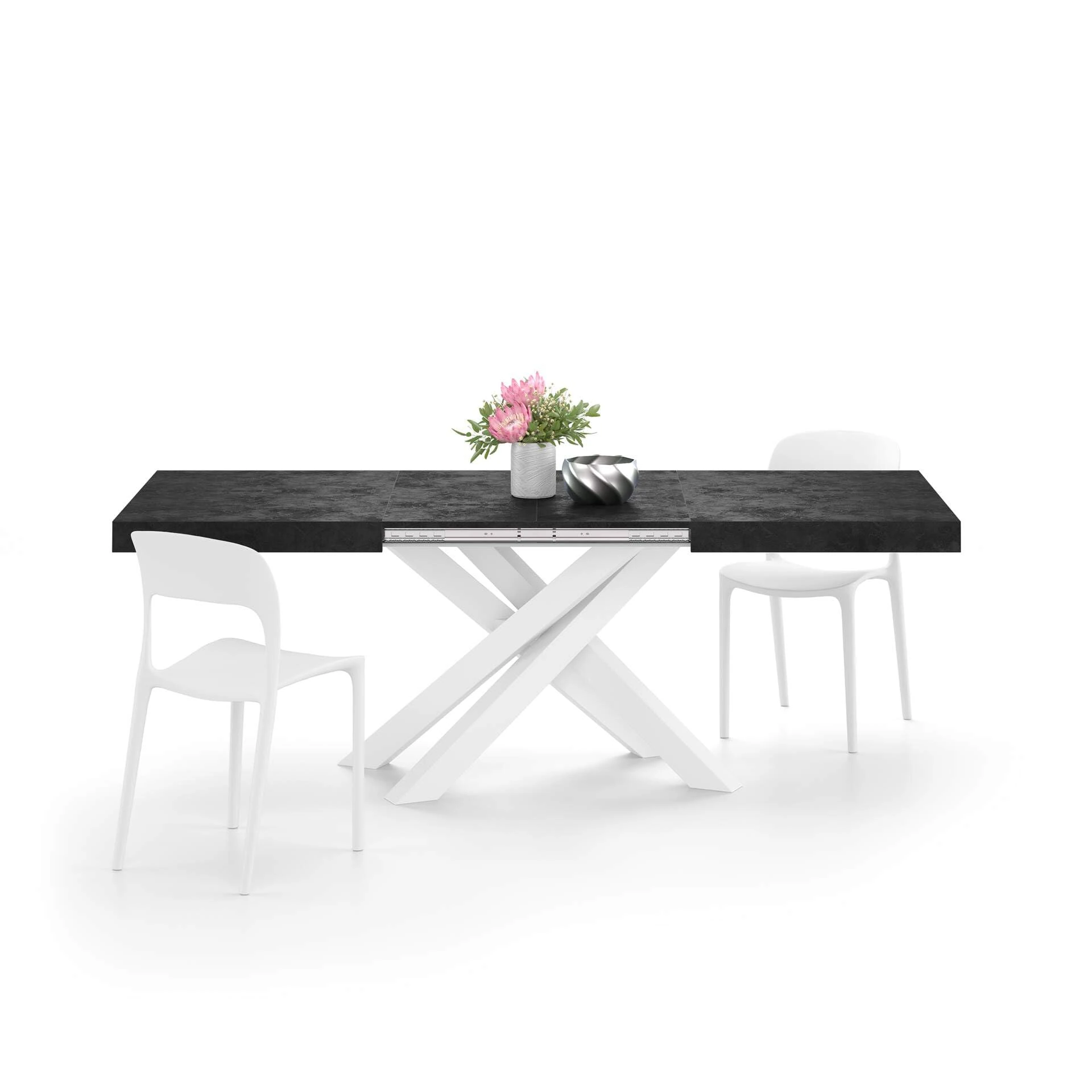 Mobili Fiver, Emma 140(220) x90 cm Extendable Dining Table, Concrete Effect, Black with White Crossed Legs, Made In Italy