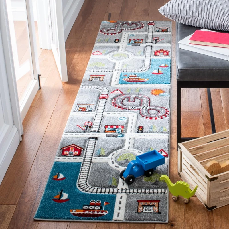 Safavieh Contemporary Rug for Living Room, Dining Room, Bedroom - Carousel Kids Collection, Short Pile, in Multicolored, 62 X 240 cm