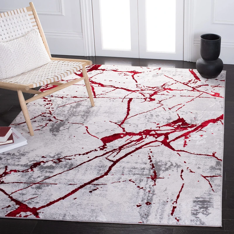 Safavieh Contemporary Area Rug for Living Dining Room Bedroom Amelia Collection Short Pile, Grey and Red, 135 x 196 cm