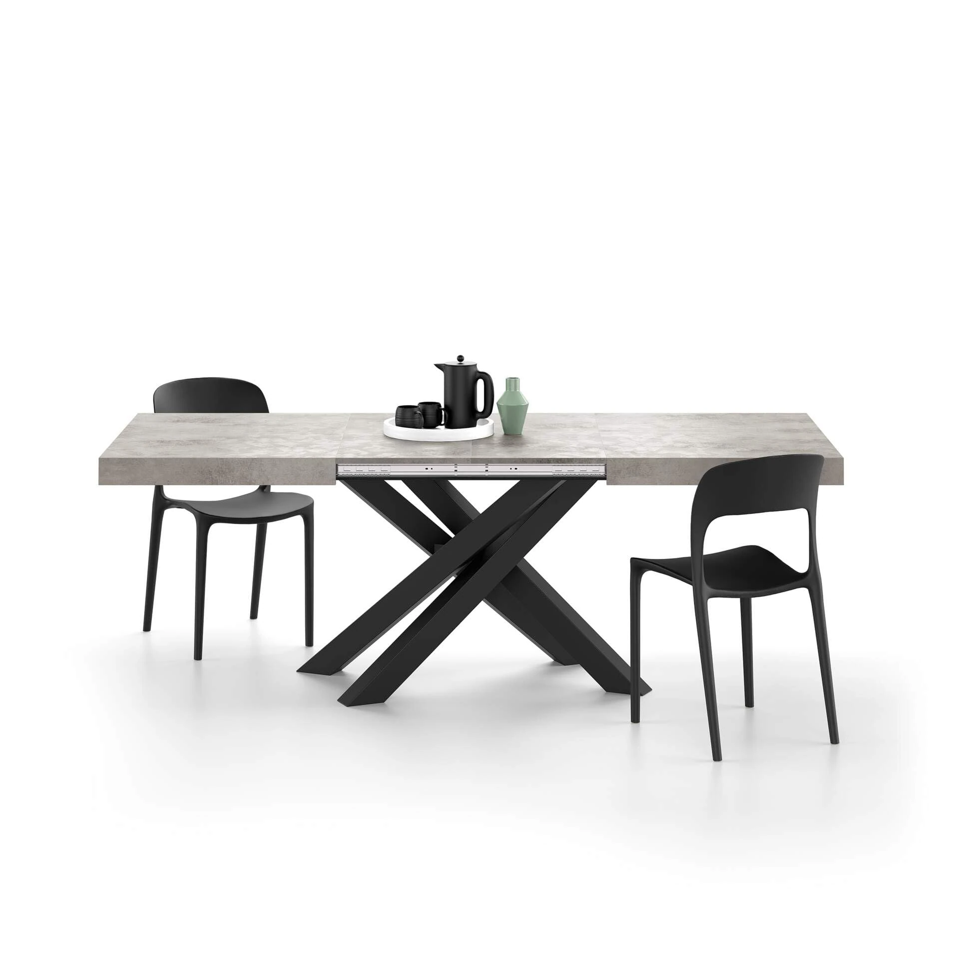 Mobili Fiver, Emma 140(220) x90 cm Extendable Table, Concrete Effect, Grey with Black Crossed Legs, Made In Italy