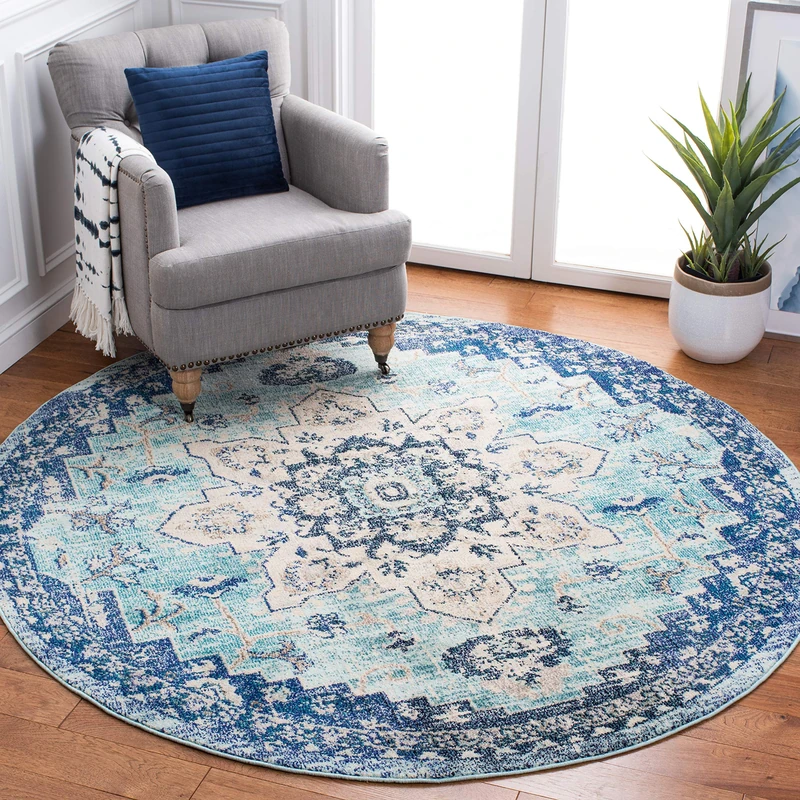 Safavieh Boho Rug for Living Room, Dining Room, Bedroom - Madison Collection, Short Pile, in Teal and Navy, 160 x 160 cm