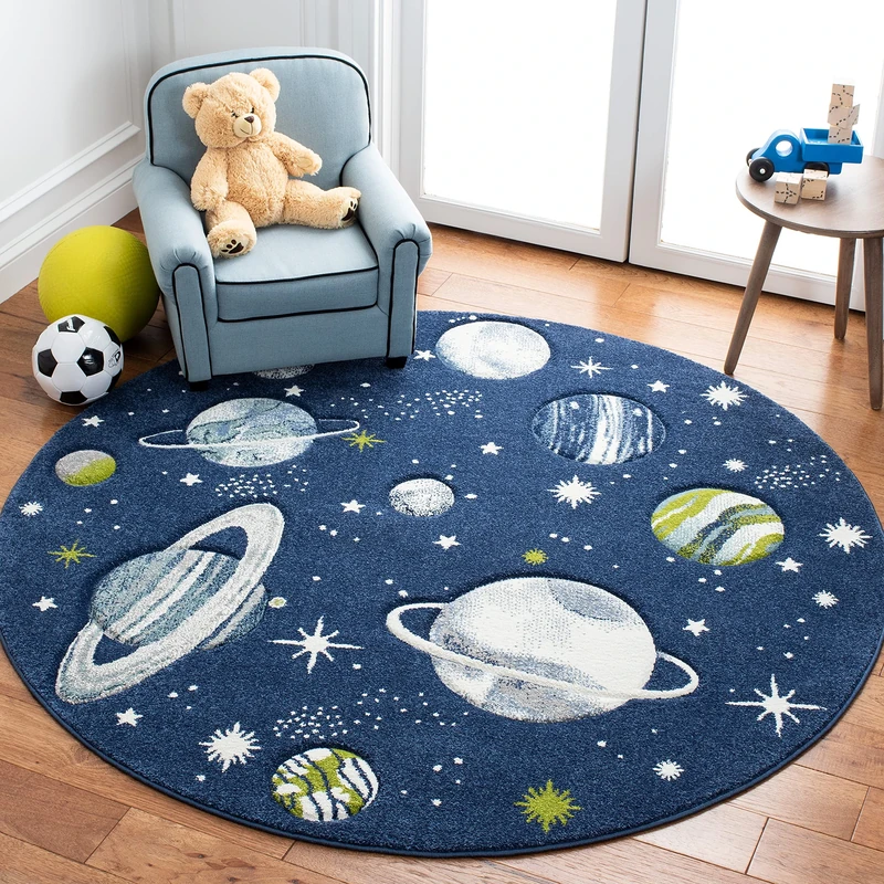 Safavieh Contemporary Rug for Living Room, Dining Room, Bedroom - Carousel Kids Collection, Short Pile, in Navy Blue and Grey, 160 x 160 cm