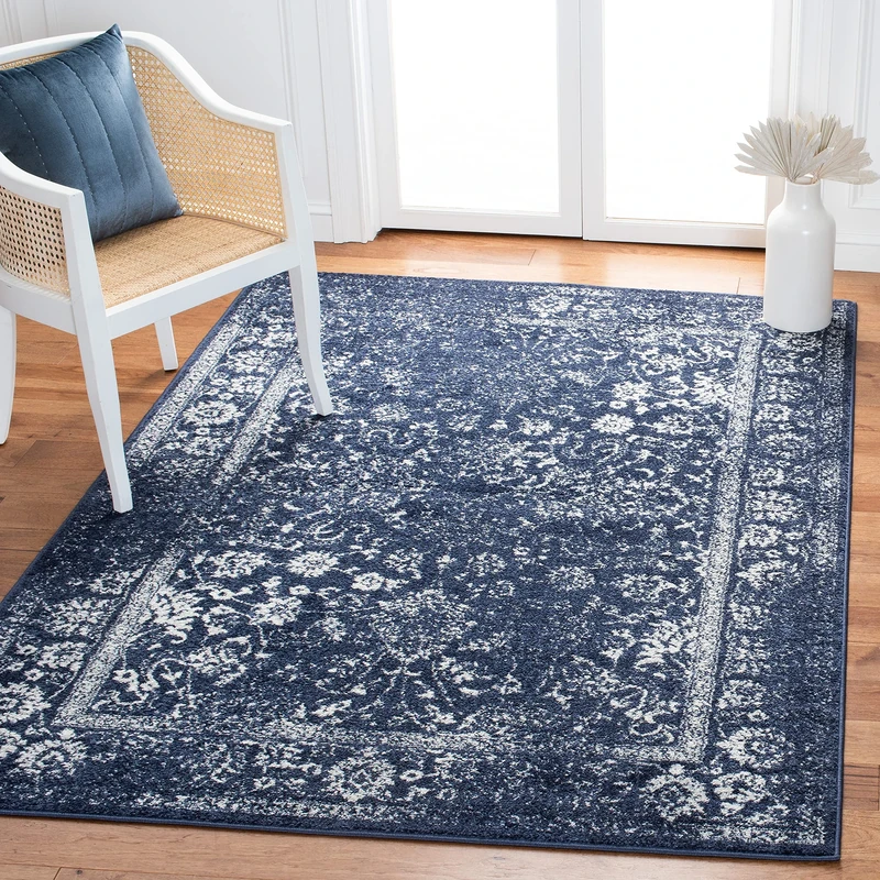 Safavieh Distressed Rug for Living Room, Dining Room, Bedroom - Adirondack Collection, Short Pile, in Navy and Ivory, 122 X 183 cm