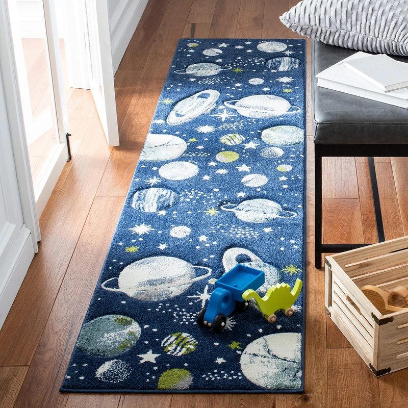Safavieh Contemporary Rug for Living Room, Dining Room, Bedroom - Carousel Kids Collection, Short Pile, in Navy Blue and Grey, 62 X 240 cm
