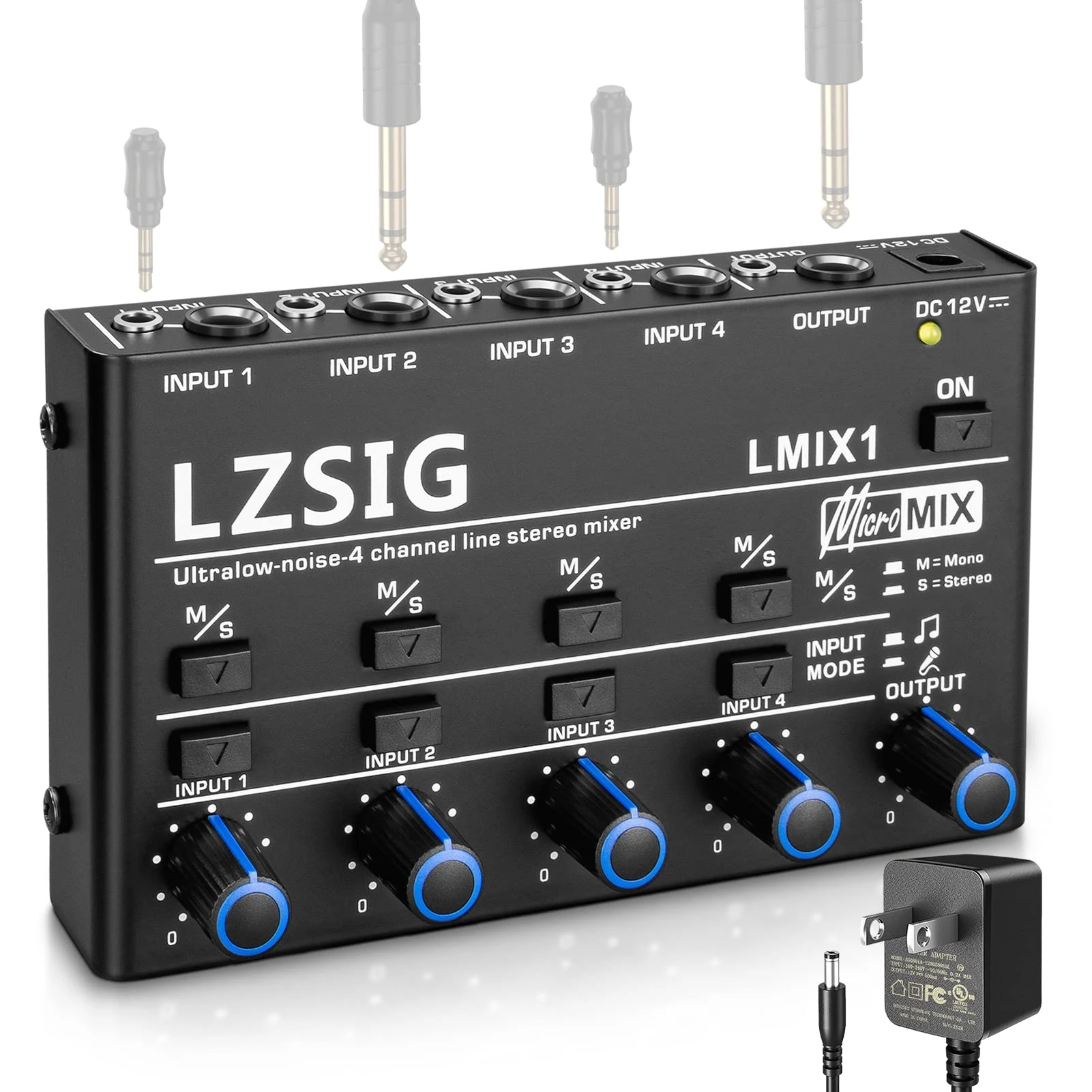 LZSIG Mini Audio Mixer, Stereo Line Mixer for Sub-Mixing, Ultra Low-Noise, 4-Channel, Dynamic Microphone Independent Control, 1/4" & 1/8" TRS Output and Input for Guitars,Bass,Keyboards