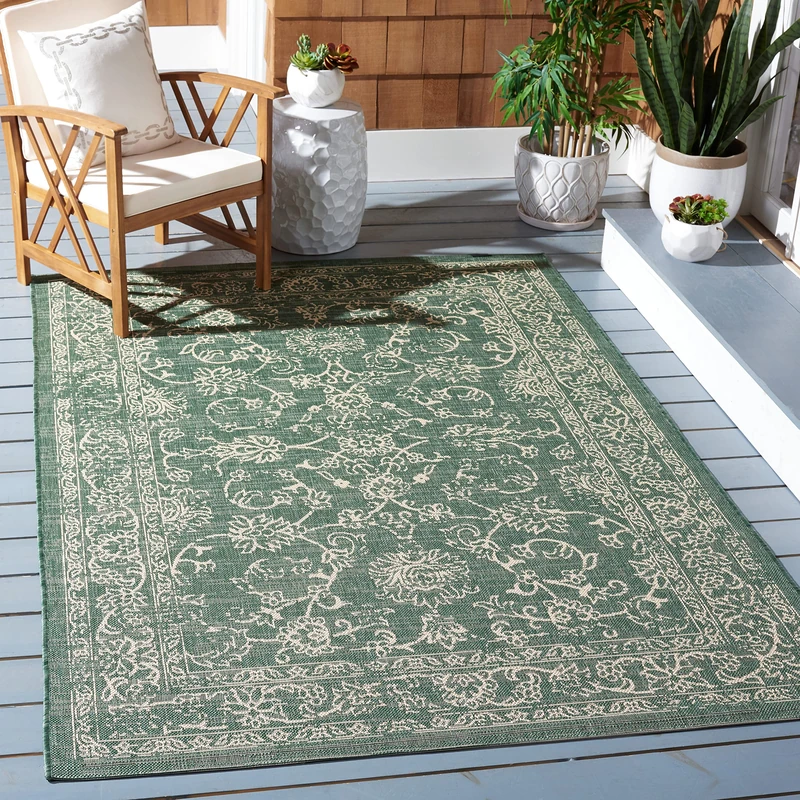 Safavieh Geometric Rug for Indoor & Outdoor - Waterproof - Courtyard Collection, Short Pile, in Green and Beige, 160 x 230 cm