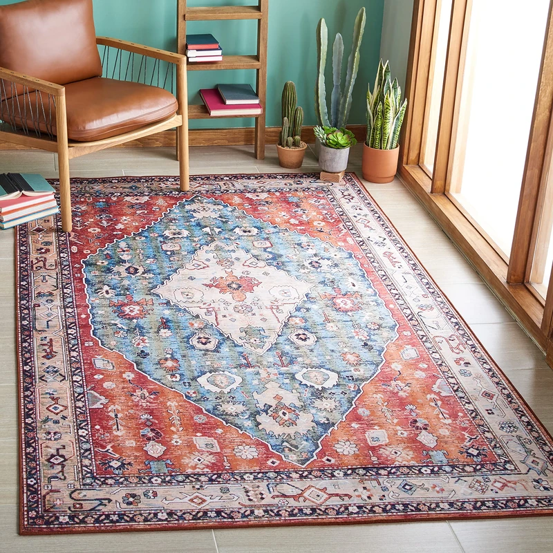 Safavieh Traditional Rug Ideal for High Traffic Areas - Machine Washable and Non Slip - Tucson Collection, Short Pile, in Beige and Blue, 152 X 244 cm - Image 1