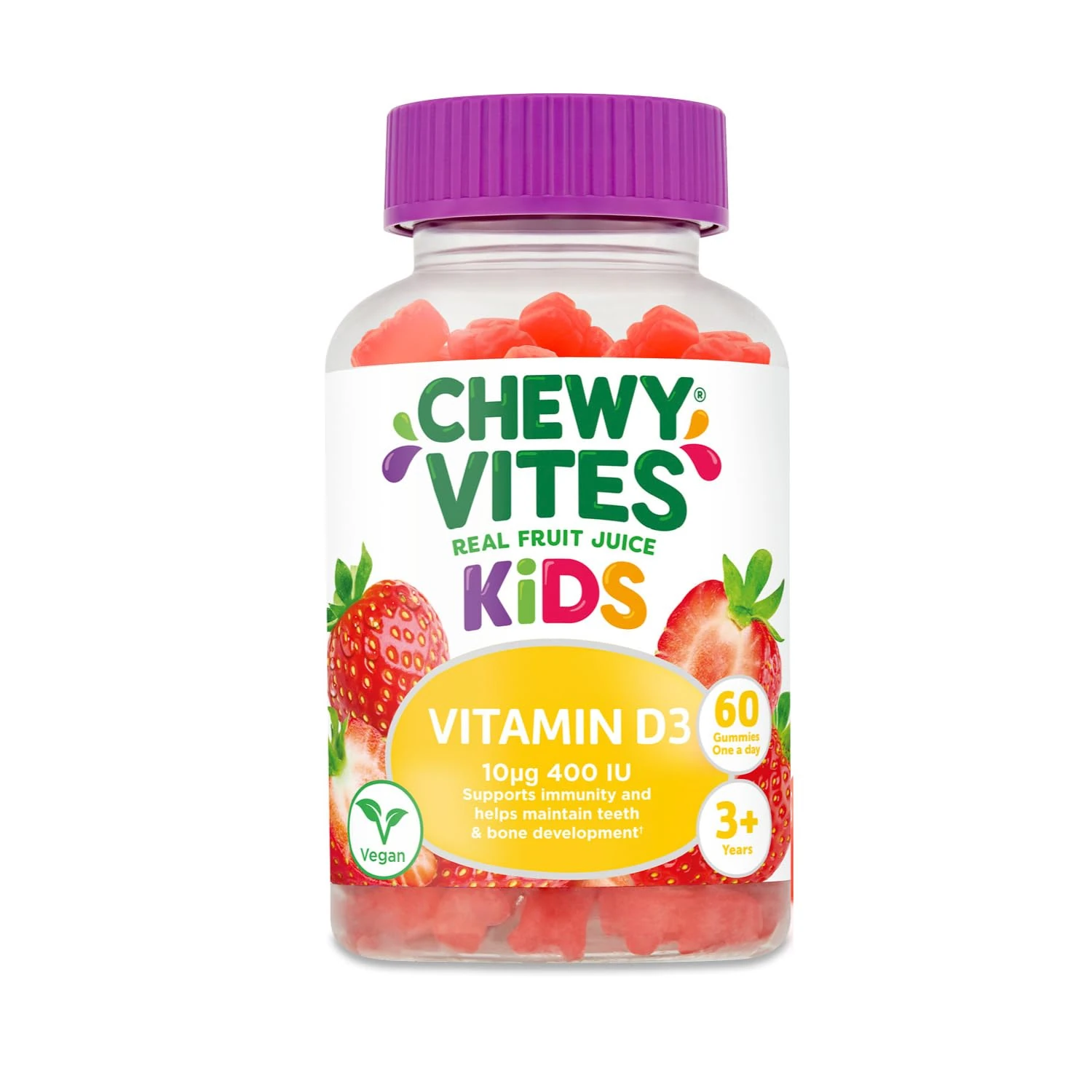 Chewy Vites Kids High Strength Vit D3, 60 Kids Vitamin D Gummies, 10 mcg 400 IU Vitamin D3, 2 Months Supply, Vegan, Real Fruit Juice, Age 3 +, Strawberry Flavour