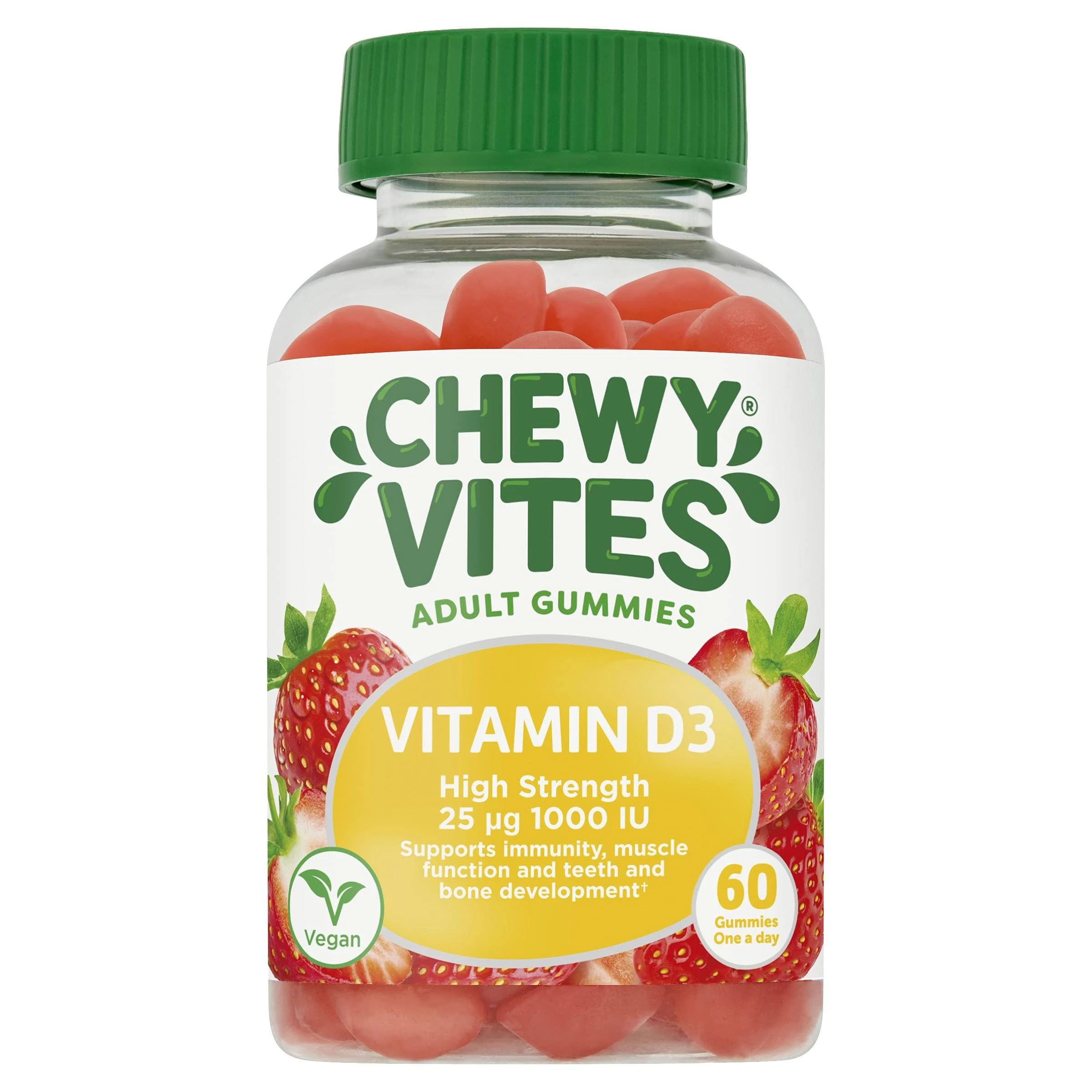 Chewy Vites Adult High Strength Vitamin D3, 60 Vitamin D Gummies, 25 micrograms 1000 IU, 2 Months Supply, Vegan, Real Fruit Juice, Strawberry Flavour