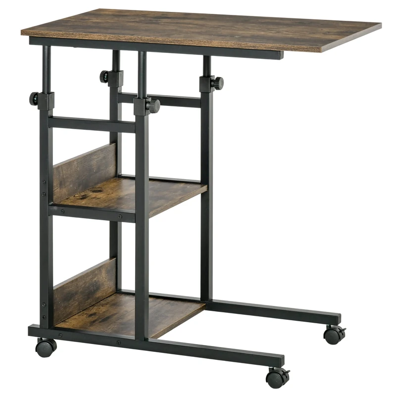 HOMCOM C-Shaped Side Table Industrial Mobile Rolling End Desk with 3-Tier Storage Shelving, Adjustable Height, Wheels - Image 1