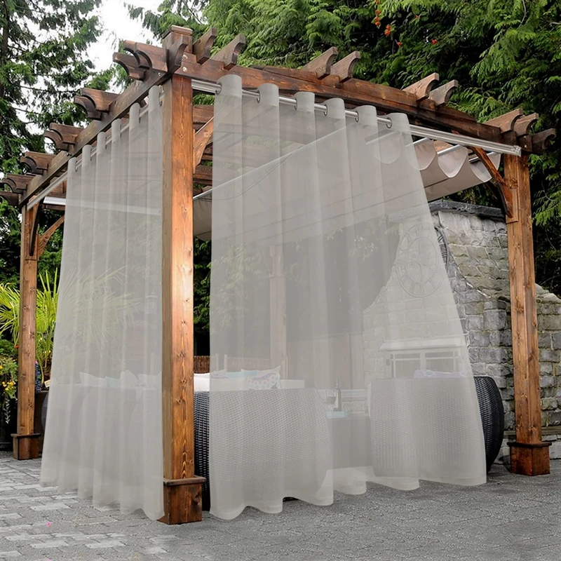 Bonzer Set of 2 Waterproof Sheer Curtains with Wide Grommets for Outdoor, Living Room, Bedroom, Porch, Pergola, Cabana, 100" W x 108" L, Cloud Gray