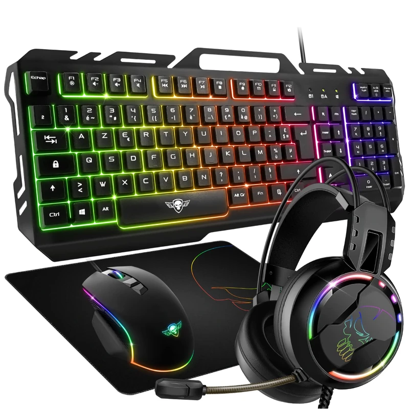 SPIRIT OF GAMER Pro-MKH5 4-in-1 Gaming Pack – RGB AZERTY Anti-Ghosting Gamer Keyboard/7 Button RGB 6400 DPI Gamer Mouse/RGB Headphone/Anti-Skid Pad/PC PS4 PS5 Xbox One Mac - Image 1