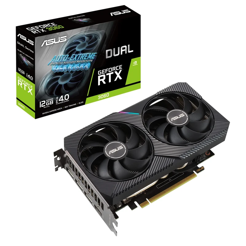 ASUS Dual NVIDIA GeForce RTX 3060 V2 12GB GDDR6 Gaming Graphics Card (PCIe 4.0, 12GB GDDR6 memory, HDMI 2.1, DisplayPort 1.4a, 2-slot design, Axial-tech fan design, 0dB technology, and more)