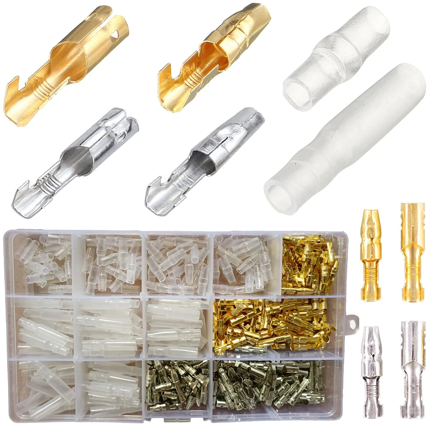 Bullet Connectors Kit 400PCS, 3.9mm Bullet Terminals with Insulation Cover, Gold Brass Bullet Wire Connectors Male and Female Crimp Terminals, Car Bike Automotive Motorcycle Electrical Connector kit